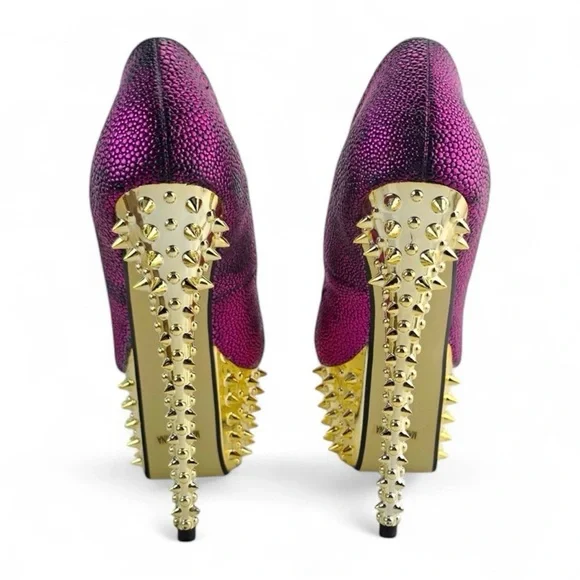 ❤️ NEW REDKISS Purple and Gold Spiked Heels Stiletto Embossed Snake Texture Pump - Picture 5 of 5